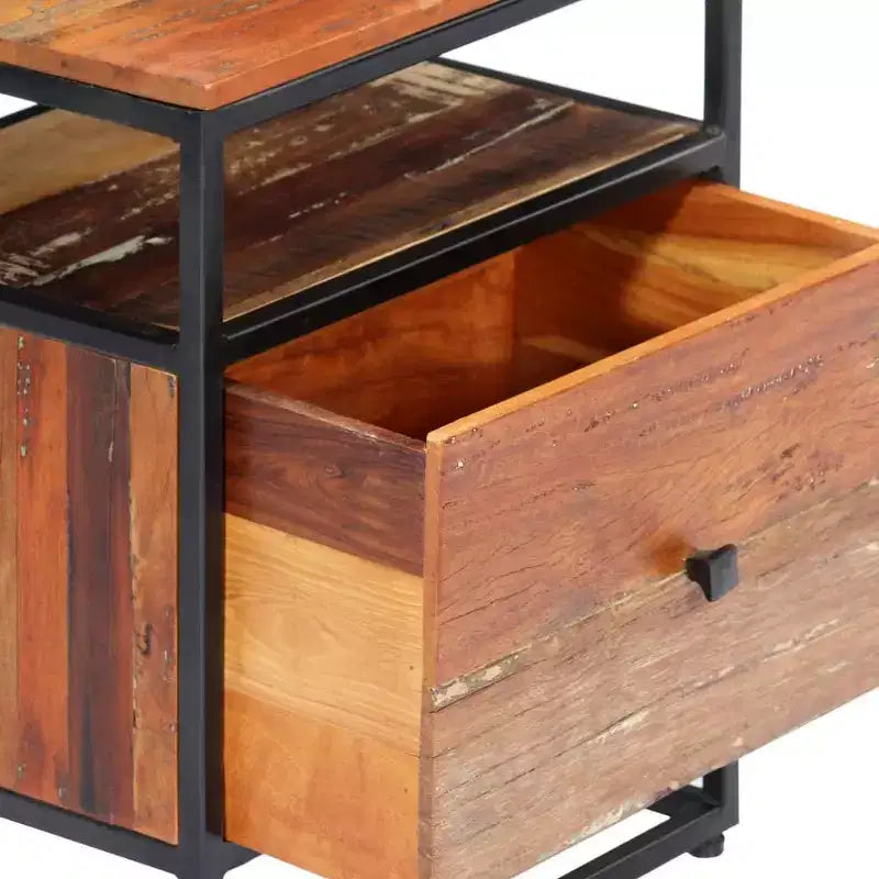 Mid-Century Bedside Cabinet / Nightstand 15.7"x11.8"x19.7", Solid Reclaimed Wood & Powder-Coated Steel, Brown