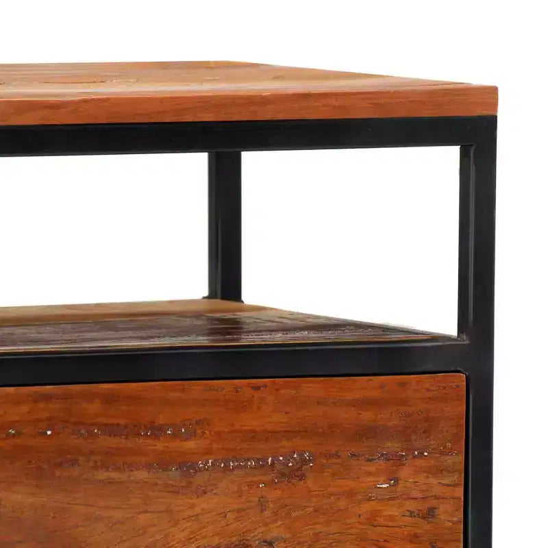 Table de chevet Mid-Century 40x30x50 cm en bois de récupération massif et acier thermolaqué, marron