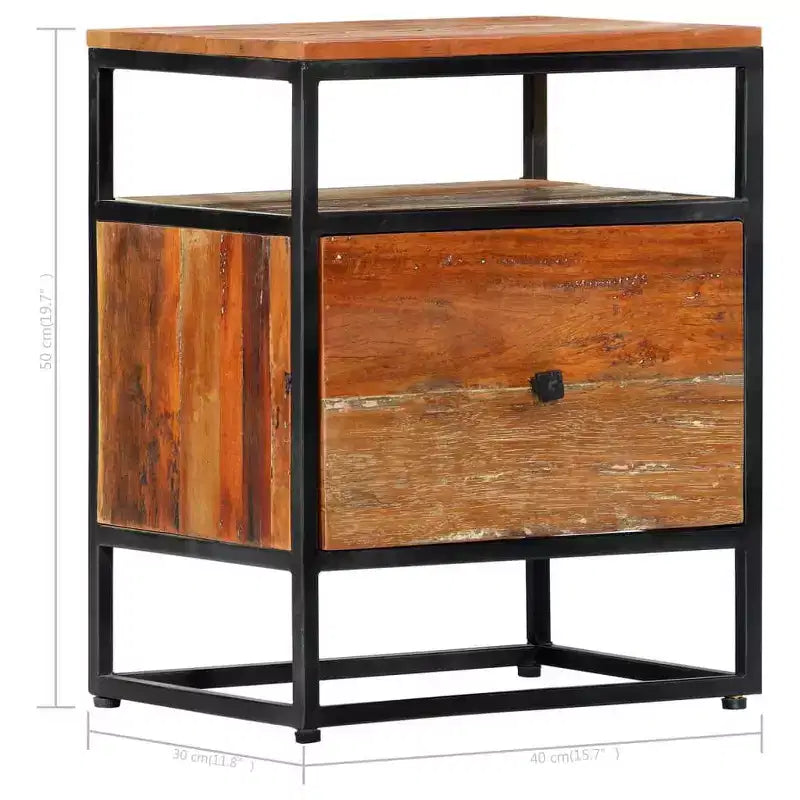 Table de chevet Mid-Century 40x30x50 cm en bois de récupération massif et acier thermolaqué, marron