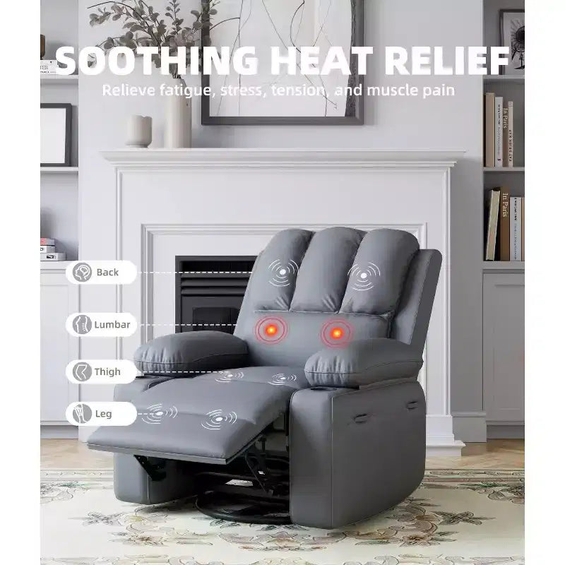 Fauteuil inclinable, pivotant et berçant surdimensionné 360° avec fonction chauffante et massante (similicuir, pour salon/chambre à coucher/chambre de bébé)
