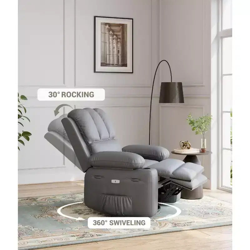 Fauteuil inclinable, pivotant et berçant surdimensionné 360° avec fonction chauffante et massante (similicuir, pour salon/chambre à coucher/chambre de bébé)