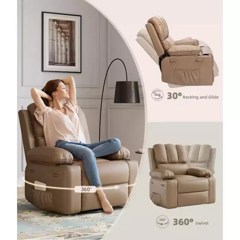 Fauteuil inclinable, pivotant et berçant surdimensionné 360° avec fonction chauffante et massante (similicuir, pour salon/chambre à coucher/chambre de bébé)