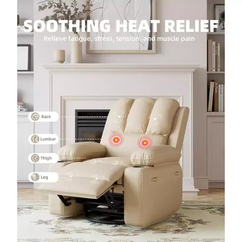 Fauteuil inclinable, pivotant et berçant surdimensionné 360° avec fonction chauffante et massante (similicuir, pour salon/chambre à coucher/chambre de bébé)