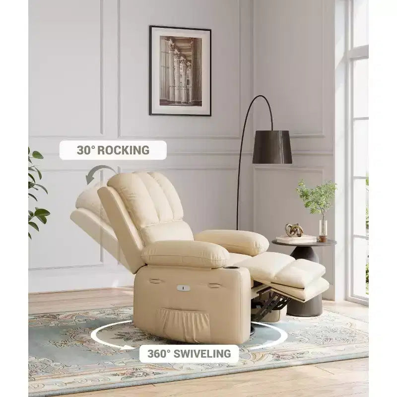 Oversized 360 Power Recliner Swivel Rocker with Heat & Massage (Faux Leather, for Living Room/Bedroom/Nursery)