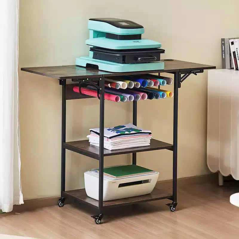 Table de presse à chaud, support mobile à 3 niveaux, support pliable pour machine de transfert à chaud avec roulettes et porte-rouleaux de vinyle, noir et marron