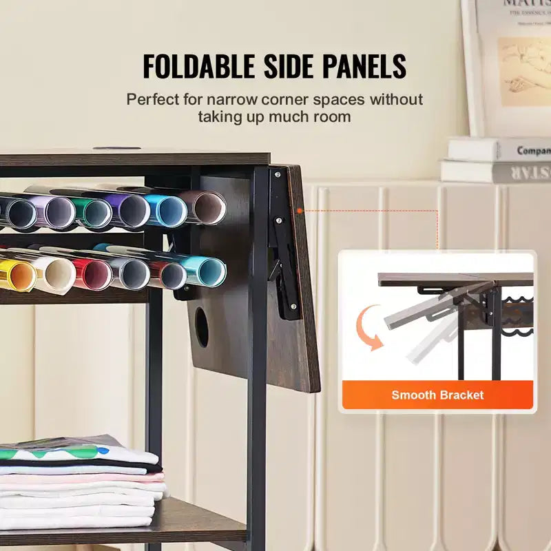 Table de presse à chaud, support mobile à 3 niveaux, support pliable pour machine de transfert à chaud avec roulettes et porte-rouleaux de vinyle, noir et marron