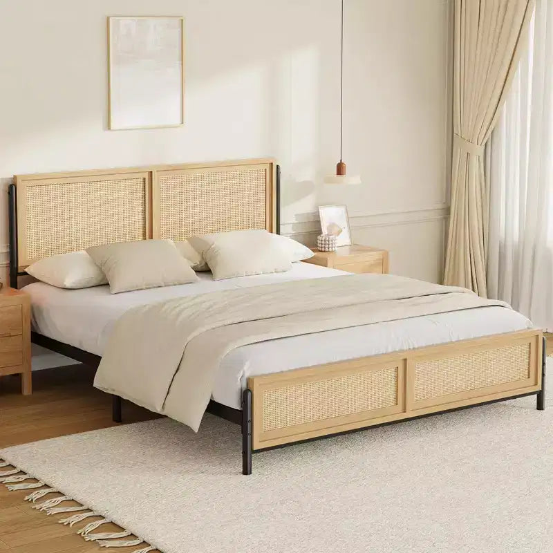 Boho Style Full/Queen/King Size Bed Frame with Rattan Headboard and Footboard, 14 Metal Platform, Wood Grain, Quiet, No Box Spring Required