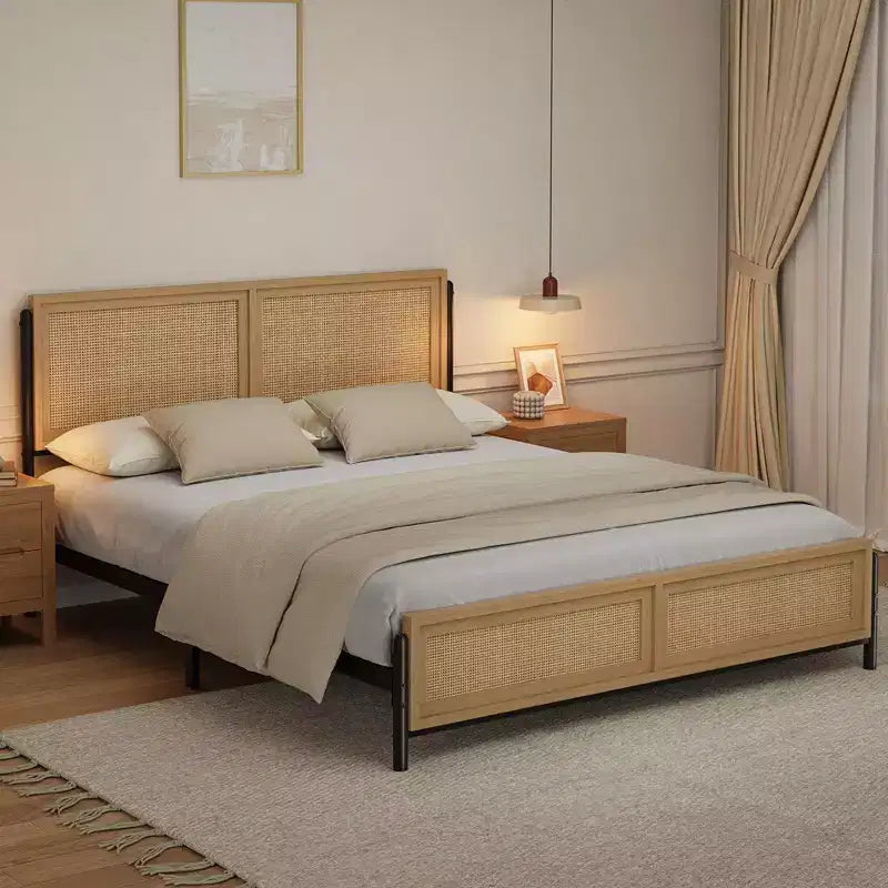 Boho Style Full/Queen/King Size Bed Frame with Rattan Headboard and Footboard, 14 Metal Platform, Wood Grain, Quiet, No Box Spring Required