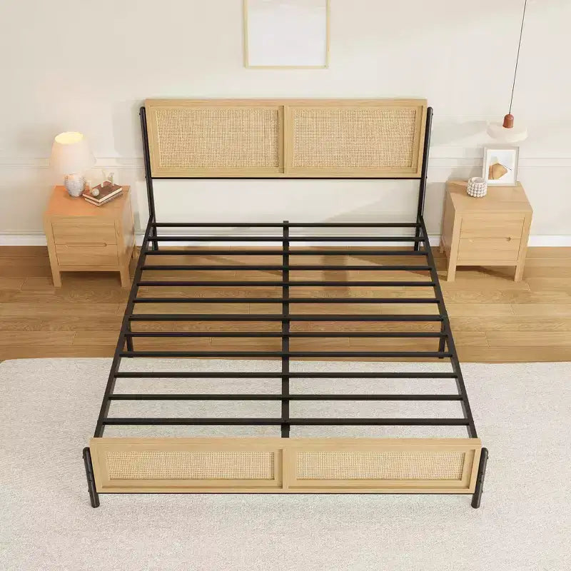 Boho Style Full/Queen/King Size Bed Frame with Rattan Headboard and Footboard, 14 Metal Platform, Wood Grain, Quiet, No Box Spring Required