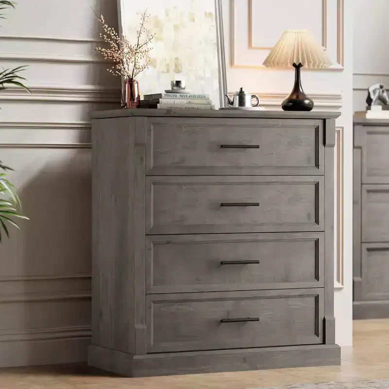 Farmhouse Tall 4-Drawer Dresser, Rustic Wood Chest with Metal Handles, Storage Cabinet for Bedroom, Living Room, Hall