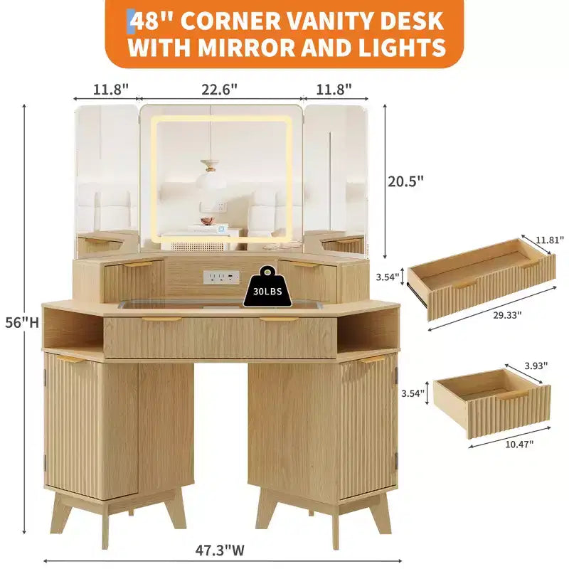 Coiffeuse d'angle cannelée de 122 cm, coiffeuse d'angle éclairée avec miroir triptyque HD, plateau en verre, station de recharge