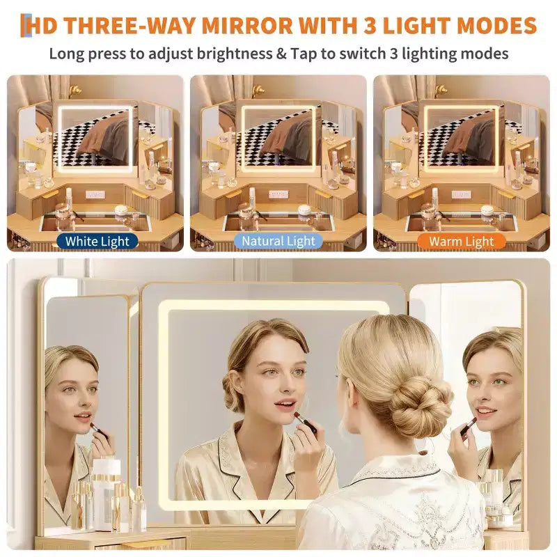 Coiffeuse d'angle cannelée de 122 cm, coiffeuse d'angle éclairée avec miroir triptyque HD, plateau en verre, station de recharge