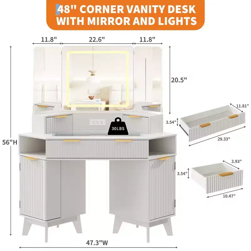 Coiffeuse d'angle cannelée de 122 cm, coiffeuse d'angle éclairée avec miroir triptyque HD, plateau en verre, station de recharge