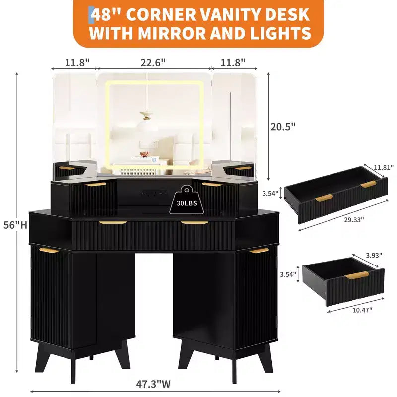 Coiffeuse d'angle cannelée de 122 cm, coiffeuse d'angle éclairée avec miroir triptyque HD, plateau en verre, station de recharge