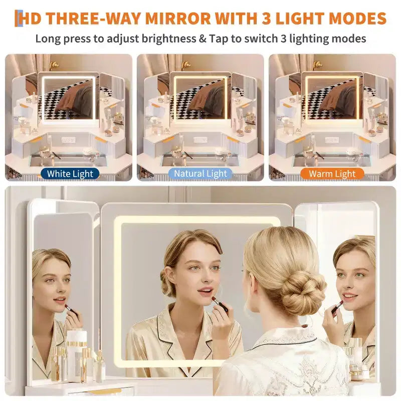 Coiffeuse d'angle cannelée de 122 cm, coiffeuse d'angle éclairée avec miroir triptyque HD, plateau en verre, station de recharge
