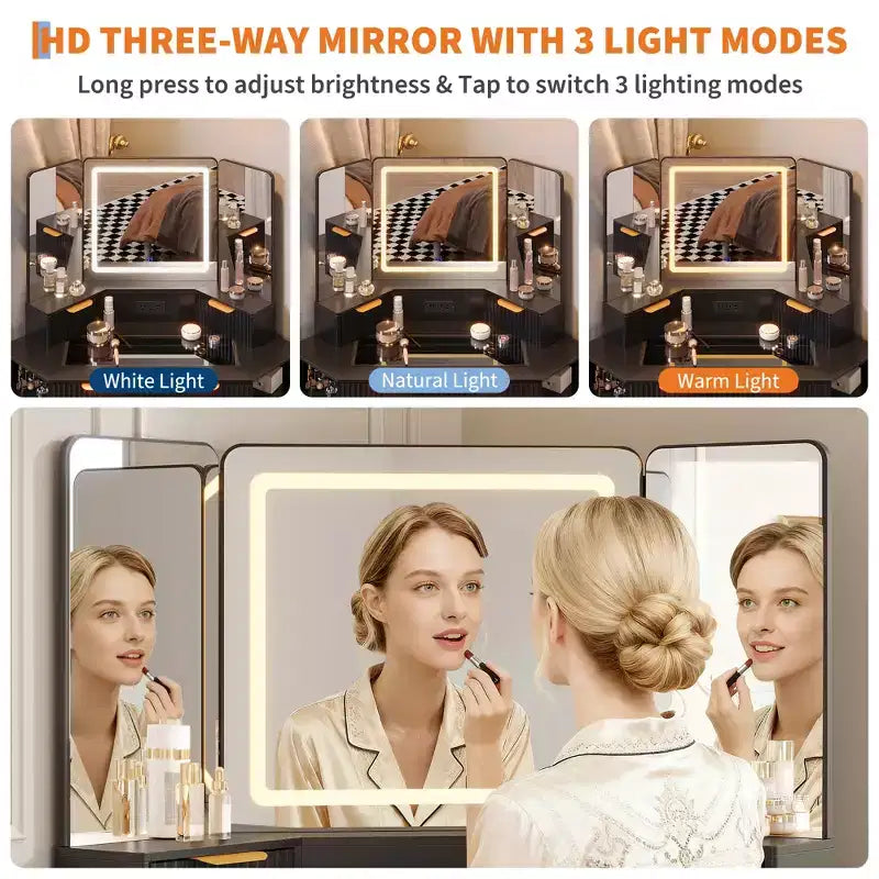 Coiffeuse d'angle cannelée de 122 cm, coiffeuse d'angle éclairée avec miroir triptyque HD, plateau en verre, station de recharge