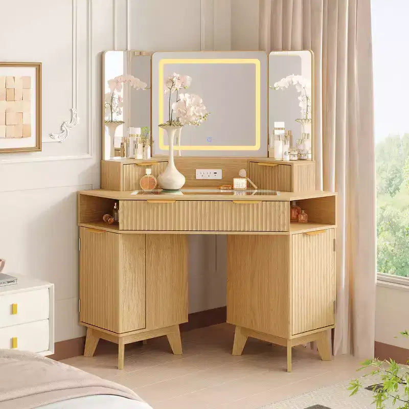 48 Fluted Makeup Vanity Desk, Lighted Corner Vanity with HD Tri-Fold Mirror, Glass Top, Charging Station