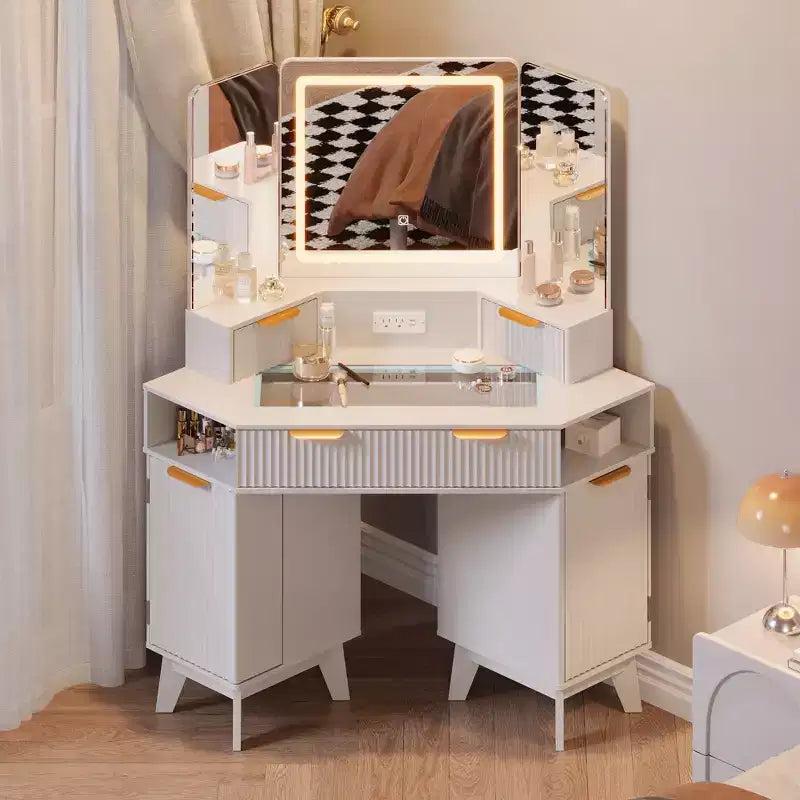 48 Fluted Makeup Vanity Desk, Lighted Corner Vanity with HD Tri-Fold Mirror, Glass Top, Charging Station