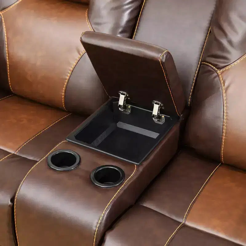 Reclining Loveseat, 2-Seat Breathable Leather Recliner with Storage & Cup Holders for Living Room, Brown