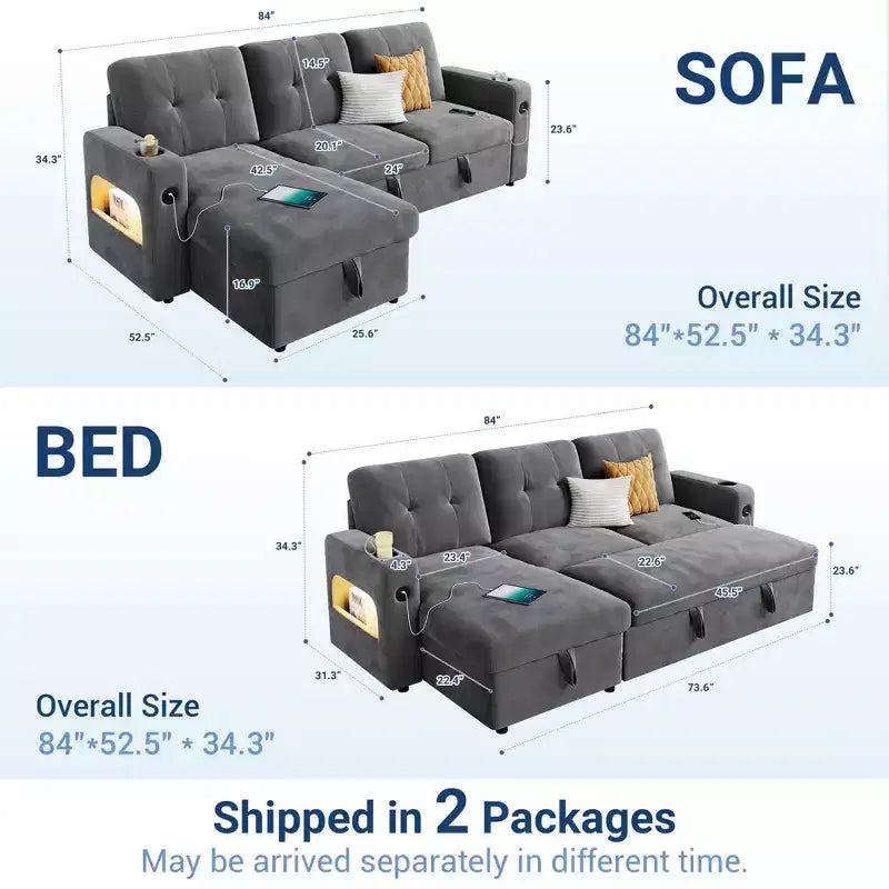 84 Modern Sofa Couch, 3 Seater Upholstered Sleeper Sofa Bed with Pull Out Bed & Storage, Deep Seat Sofa Couch for Living Room Bedroom Apartment