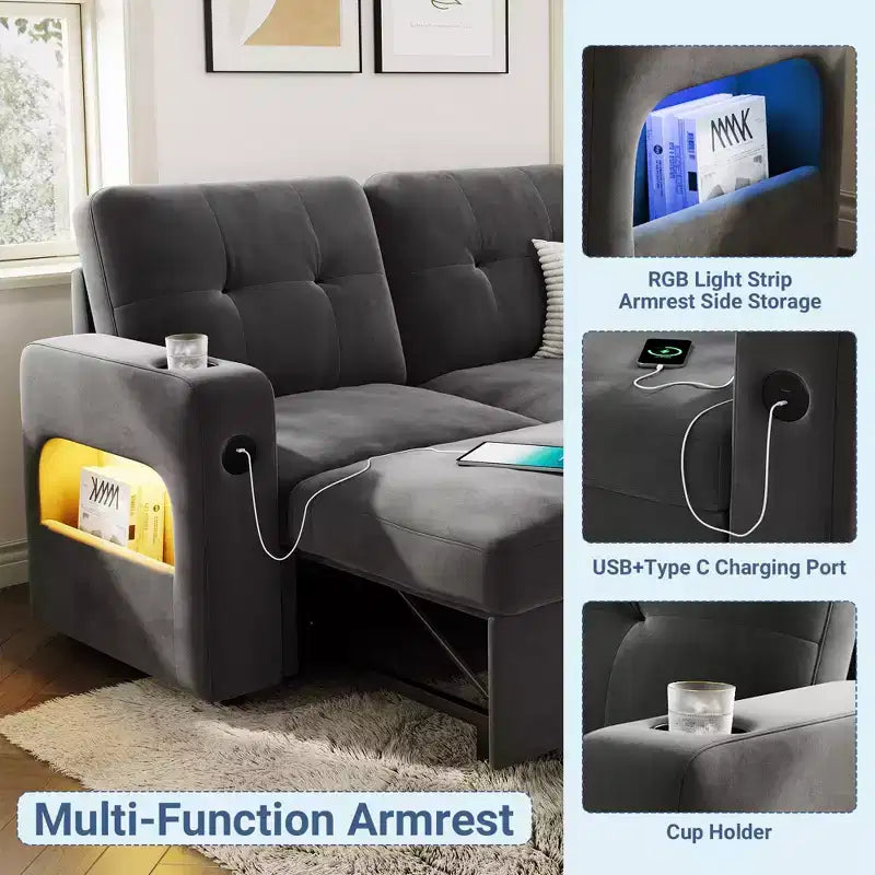84 Modern Sofa Couch, 3 Seater Upholstered Sleeper Sofa Bed with Pull Out Bed & Storage, Deep Seat Sofa Couch for Living Room Bedroom Apartment