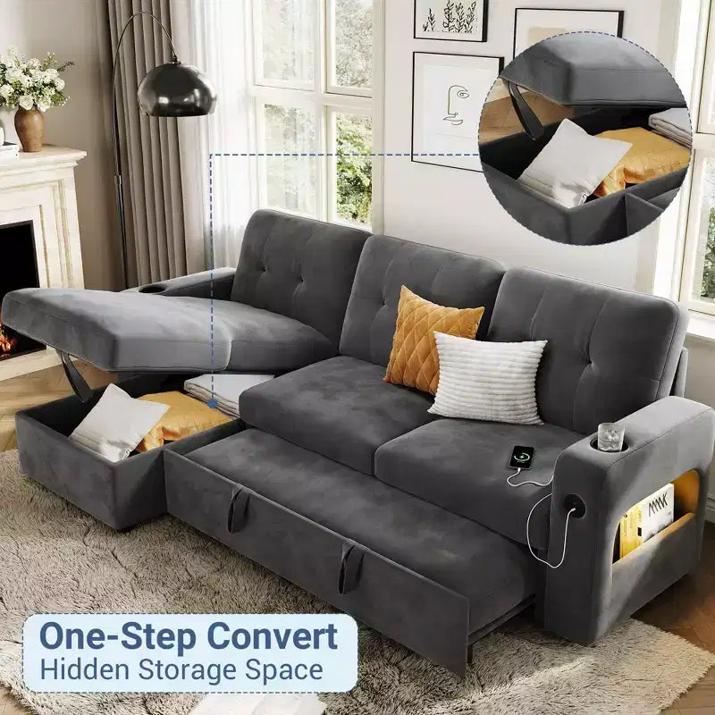 84 Modern Sofa Couch, 3 Seater Upholstered Sleeper Sofa Bed with Pull Out Bed & Storage, Deep Seat Sofa Couch for Living Room Bedroom Apartment