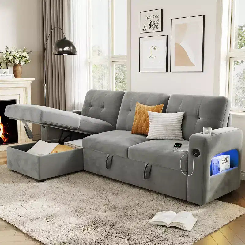 84 Modern Sofa Couch, 3 Seater Upholstered Sleeper Sofa Bed with Pull Out Bed & Storage, Deep Seat Sofa Couch for Living Room Bedroom Apartment