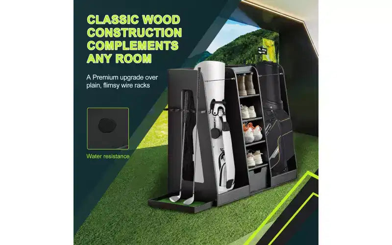 55.5x16x37 Wooden Golf Bag Organizer with 2 Drawers, Golf Storage Rack & Club Holder on Side, Stand for Garage Home, Black