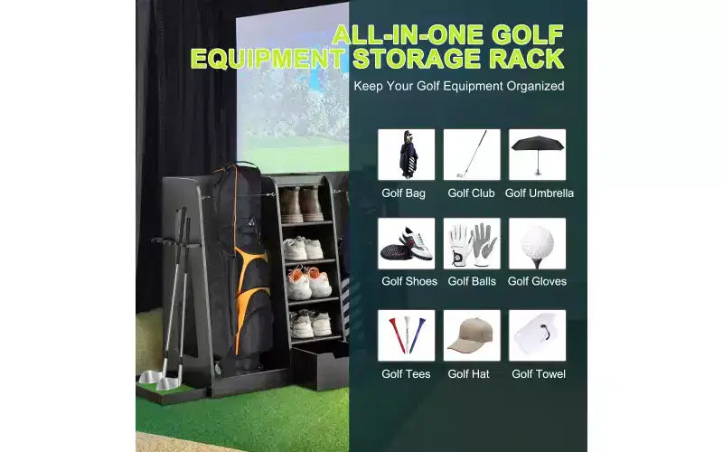 55.5x16x37 Wooden Golf Bag Organizer with 2 Drawers, Golf Storage Rack & Club Holder on Side, Stand for Garage Home, Black