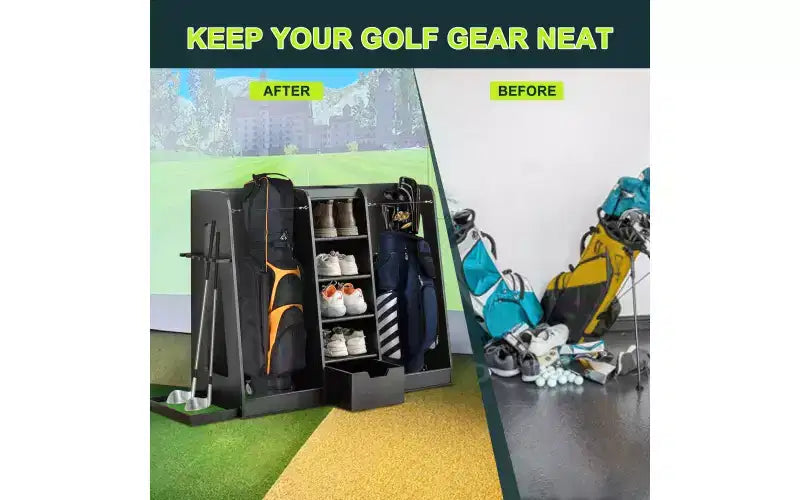 55.5x16x37 Wooden Golf Bag Organizer with 2 Drawers, Golf Storage Rack & Club Holder on Side, Stand for Garage Home, Black