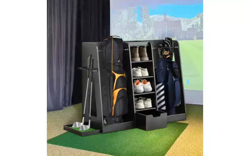 Organisateur de sac de golf en bois 55,5x16x37 avec 2 tiroirs, support de rangement de golf et porte-clubs latéral, support pour garage et maison, noir