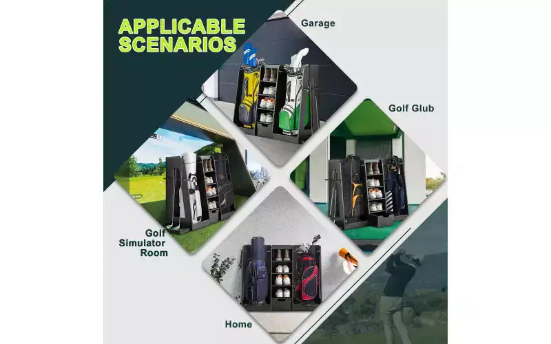 Organisateur de sac de golf en bois 55,5x16x37 avec 2 tiroirs, support de rangement de golf et porte-clubs latéral, support pour garage et maison, noir