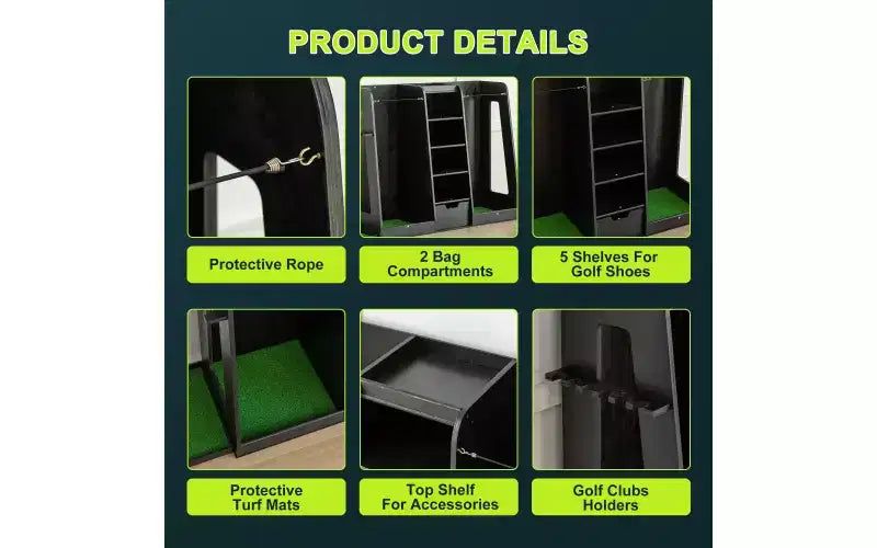 Organisateur de sac de golf en bois 55,5x16x37 avec 2 tiroirs, support de rangement de golf et porte-clubs latéral, support pour garage et maison, noir