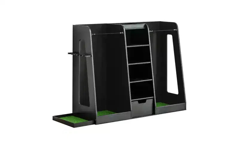 Organisateur de sac de golf en bois 55,5x16x37 avec 2 tiroirs, support de rangement de golf et porte-clubs latéral, support pour garage et maison, noir