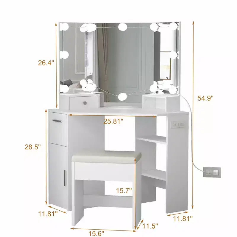 Corner Vanity with Lighted Mirror & Outlets, Drawers & Shelves, Makeup Table with Upholstered Stool