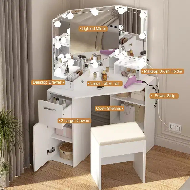 Corner Vanity with Lighted Mirror & Outlets, Drawers & Shelves, Makeup Table with Upholstered Stool