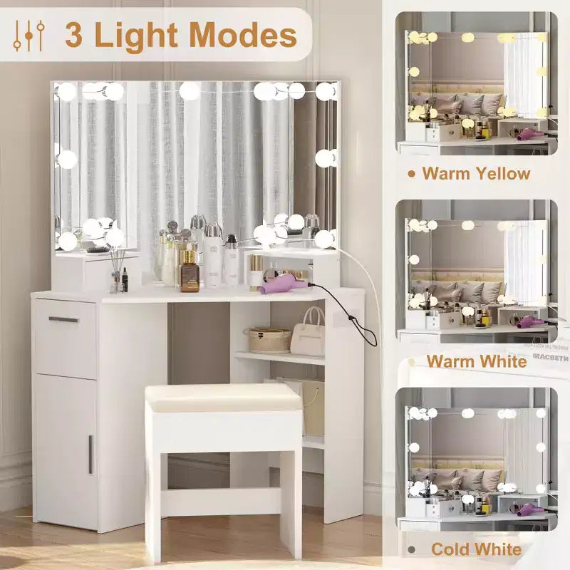 Corner Vanity with Lighted Mirror & Outlets, Drawers & Shelves, Makeup Table with Upholstered Stool