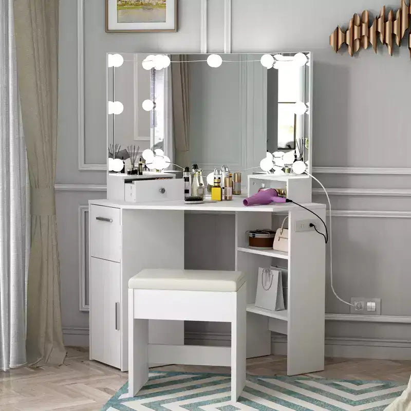 Coiffeuse d'angle avec miroir lumineux et prises, tiroirs et étagères, table de maquillage avec tabouret rembourré