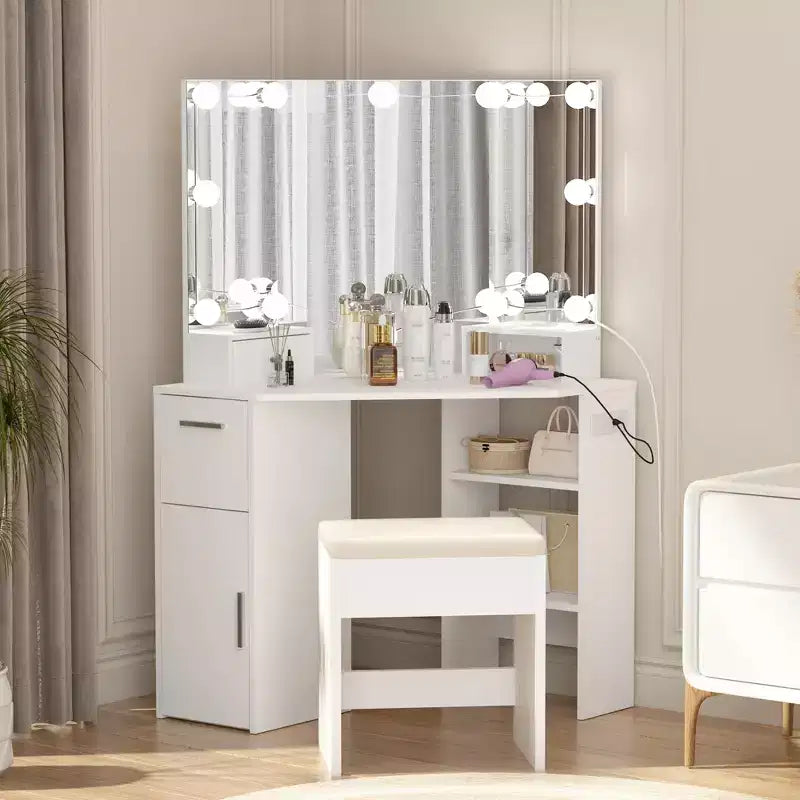 Coiffeuse d'angle avec miroir lumineux et prises, tiroirs et étagères, table de maquillage avec tabouret rembourré