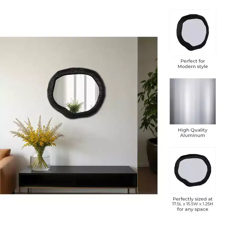 Modern Irregular Wall Mirror - Textured Frame - Glass & Metal - Contemporary Accent Mirror for Home, Office, Bedroom, Living Room - Black
