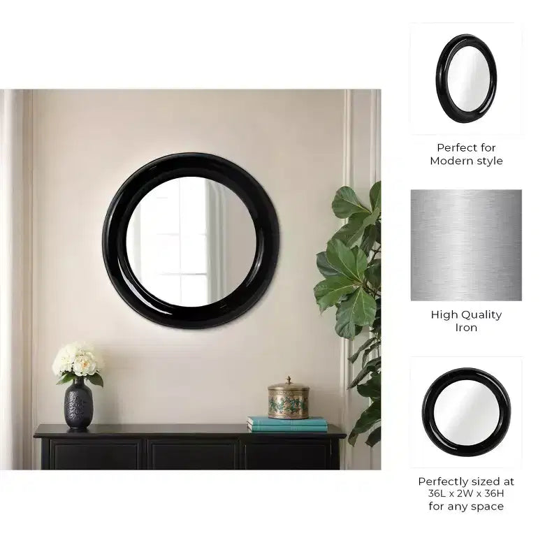 Modern Round Wall Mirror, Metal Frame, Contemporary Decorative Accent, Sleek Iron Design for Living Room, Bedroom, Bathroom, or Office - 36