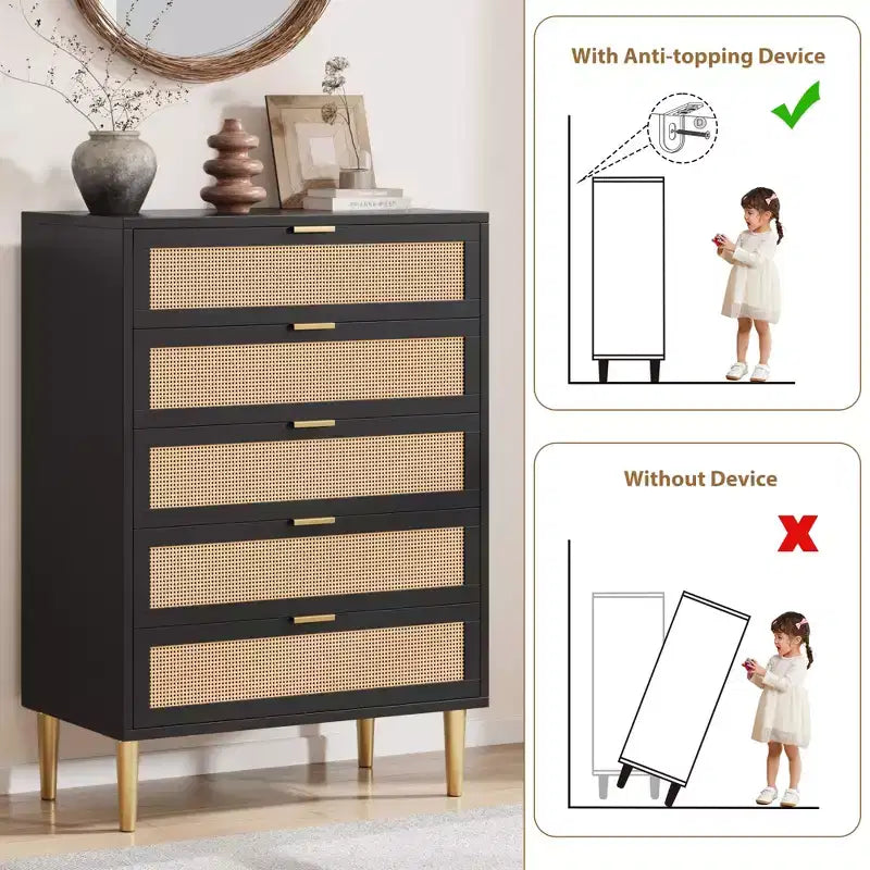 Chest of Drawers, 5 Drawer Dresser Tall for Small Spaces, Farmhouse Narrow Vertical Cabinet for Bedroom