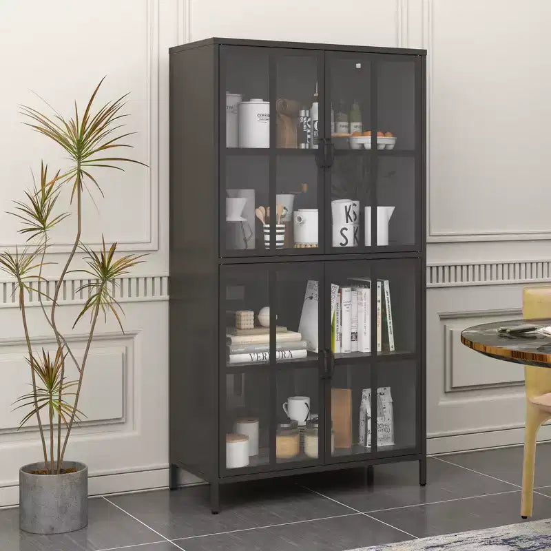 Metal Storage Cabinet with Tempered Glass Doors and Adjustable Shelves
