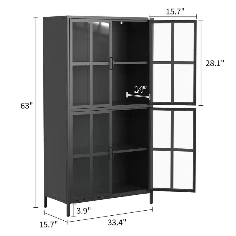 Meuble de rangement métallique avec portes en verre trempé et étagères réglables