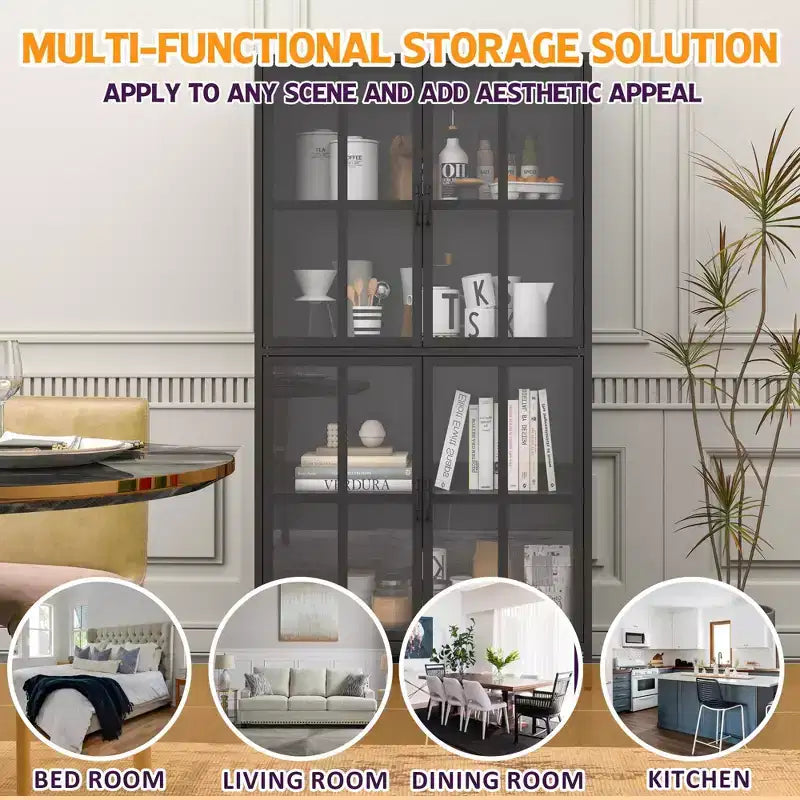 Metal Storage Cabinet with Tempered Glass Doors and Adjustable Shelves