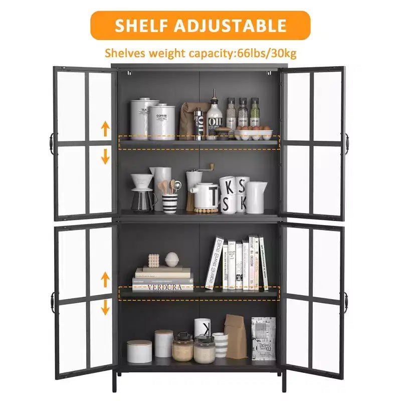 Metal Storage Cabinet with Tempered Glass Doors and Adjustable Shelves