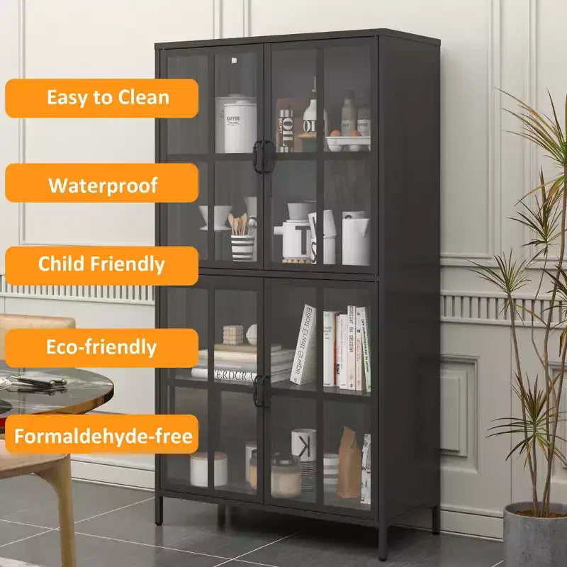 Meuble de rangement métallique avec portes en verre trempé et étagères réglables