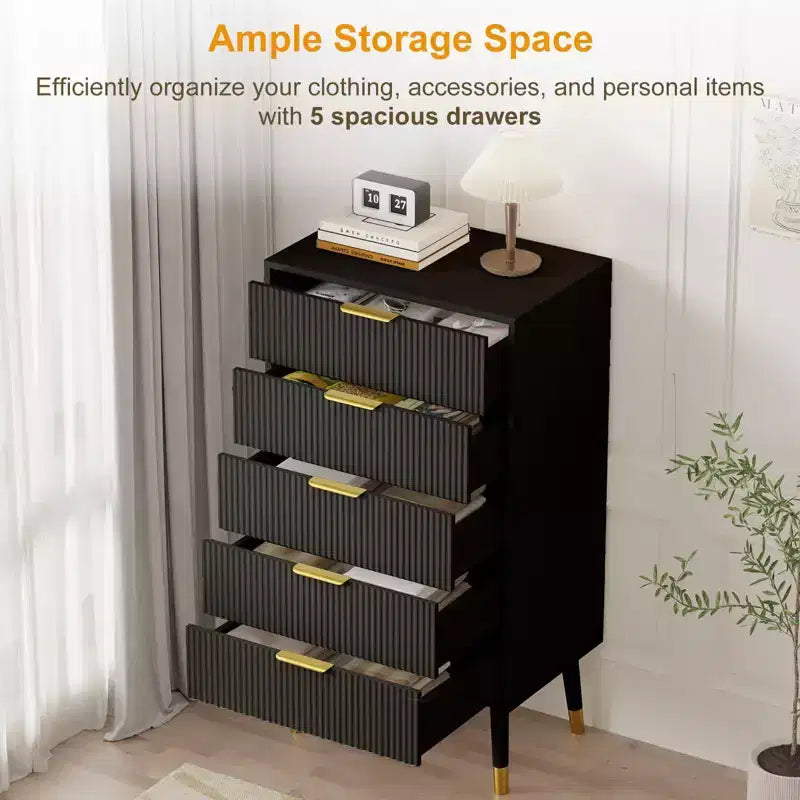Bedroom five-drawer storage cabinet with metal handles and metal legs, suitable for bedroom, living room, corridor, entryway