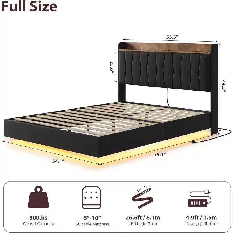 Suspended Modern Upholstered Platform Bed Frame with LED Lights and Sockets, Headboard, Sturdy Wooden Slats Support, Quiet and Easy to Assemble
