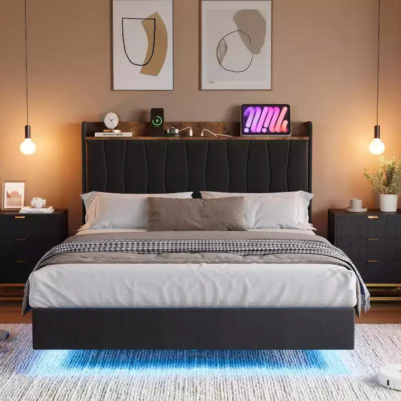 Suspended Modern Upholstered Platform Bed Frame with LED Lights and Sockets, Headboard, Sturdy Wooden Slats Support, Quiet and Easy to Assemble